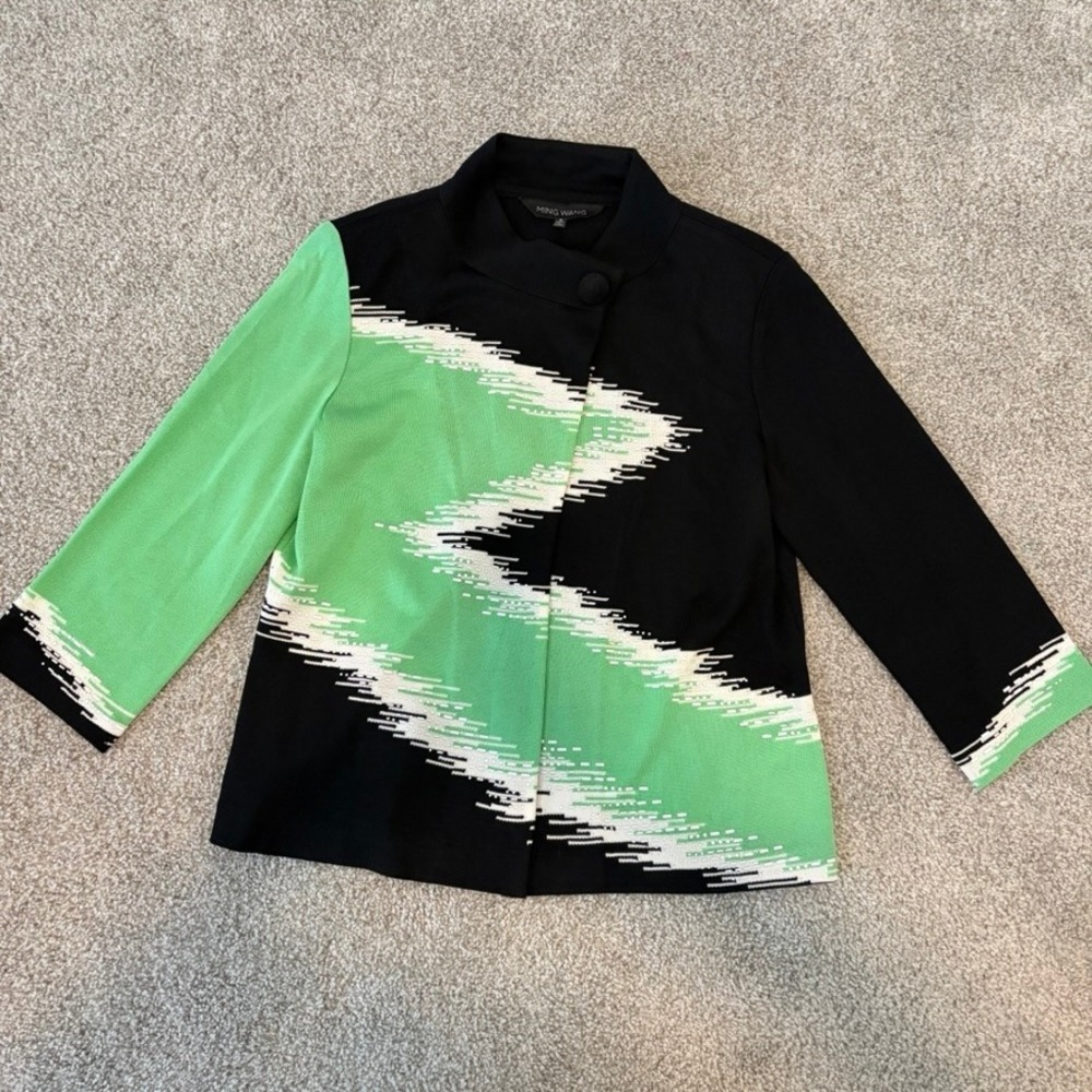 Ming Wang Cardigan Womens‎ S Green Black Snap Neck Old Money Preppy Artsy